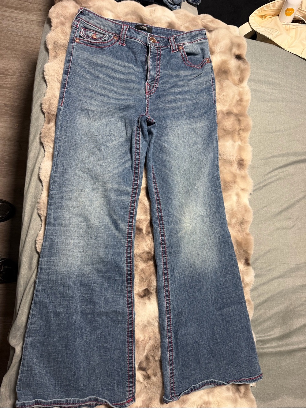 True Religion Blue Wide-Leg Flare Jeans with Red Contrast Stitching